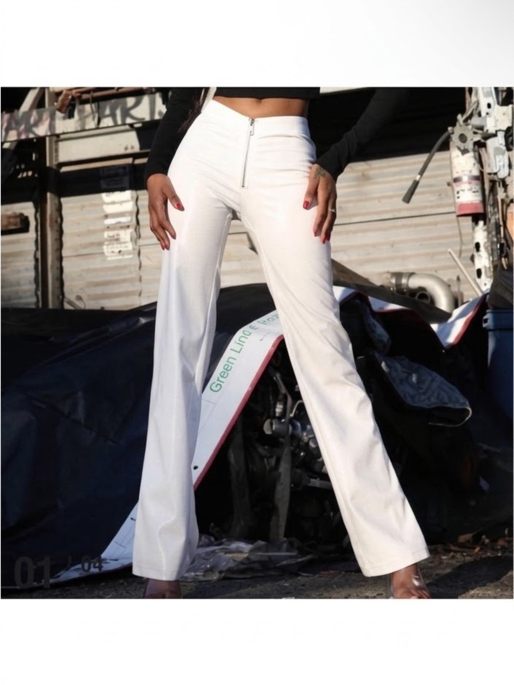 I.AM.GIA Ariel Pant White Vegan Leather Zip High Rise Flare Large